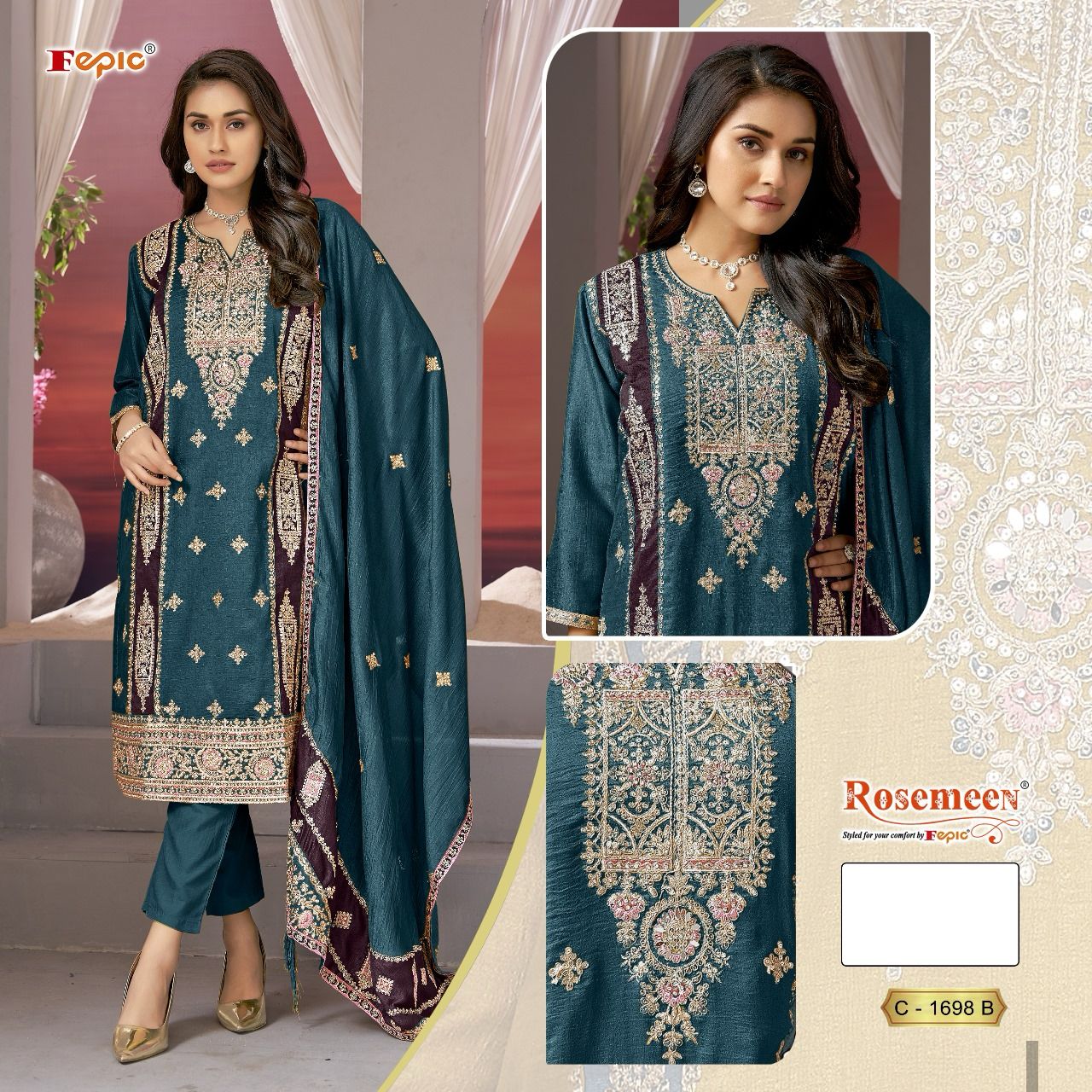 Rosemeen By Fepic Organza Embroidery Pakistani Suits Wholesale Price In Surat
